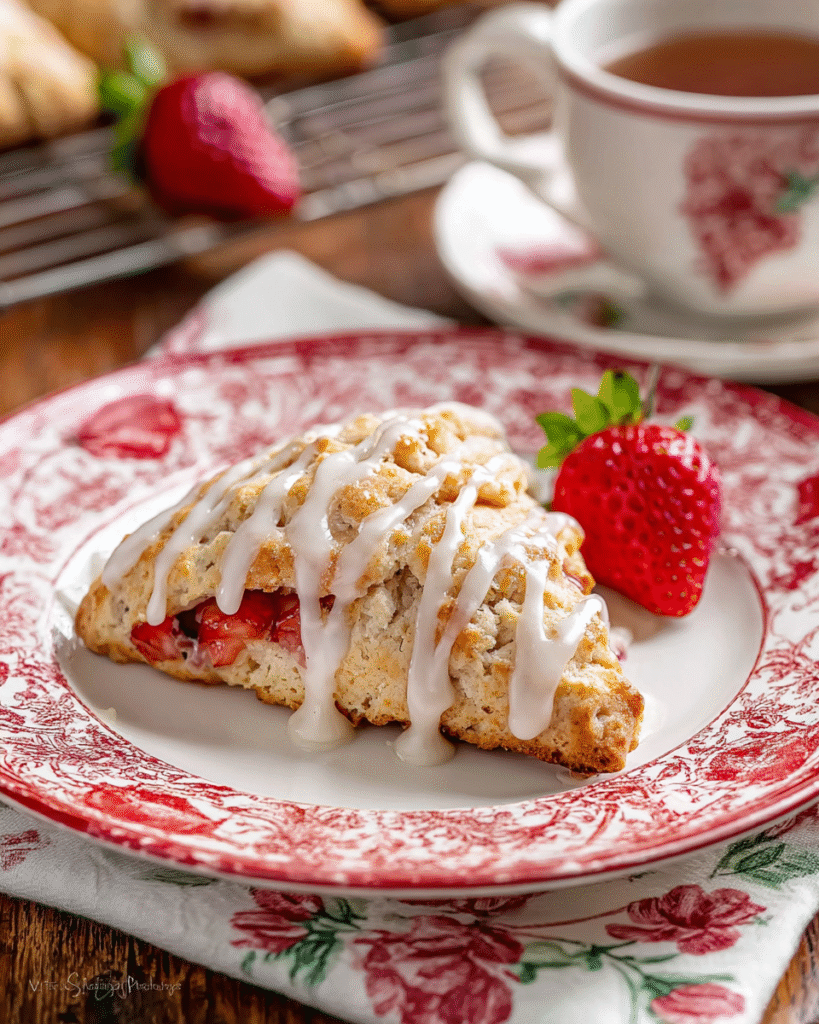 olden brown fluffy strawberry scones with fresh strawberry pieces, drizzled with glaze on a white plate