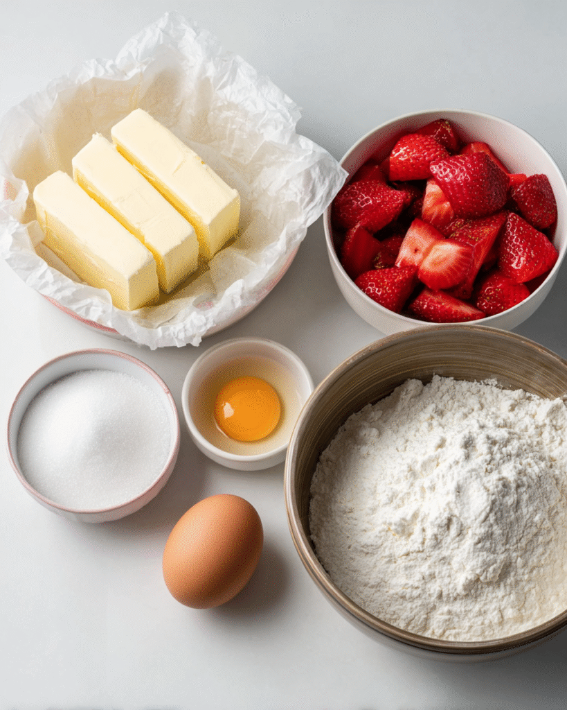 Ingredients for strawberry scones including fresh strawberries, flour, butter, sugar, cream, and baking powder