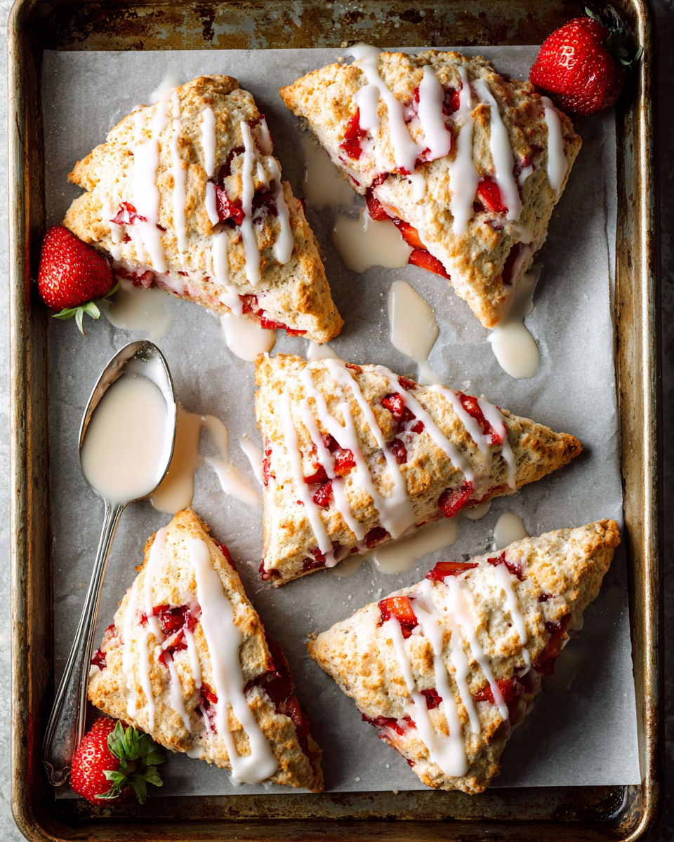 homemade strawberry scones cooling on a baking sheet lined with parchment paper
