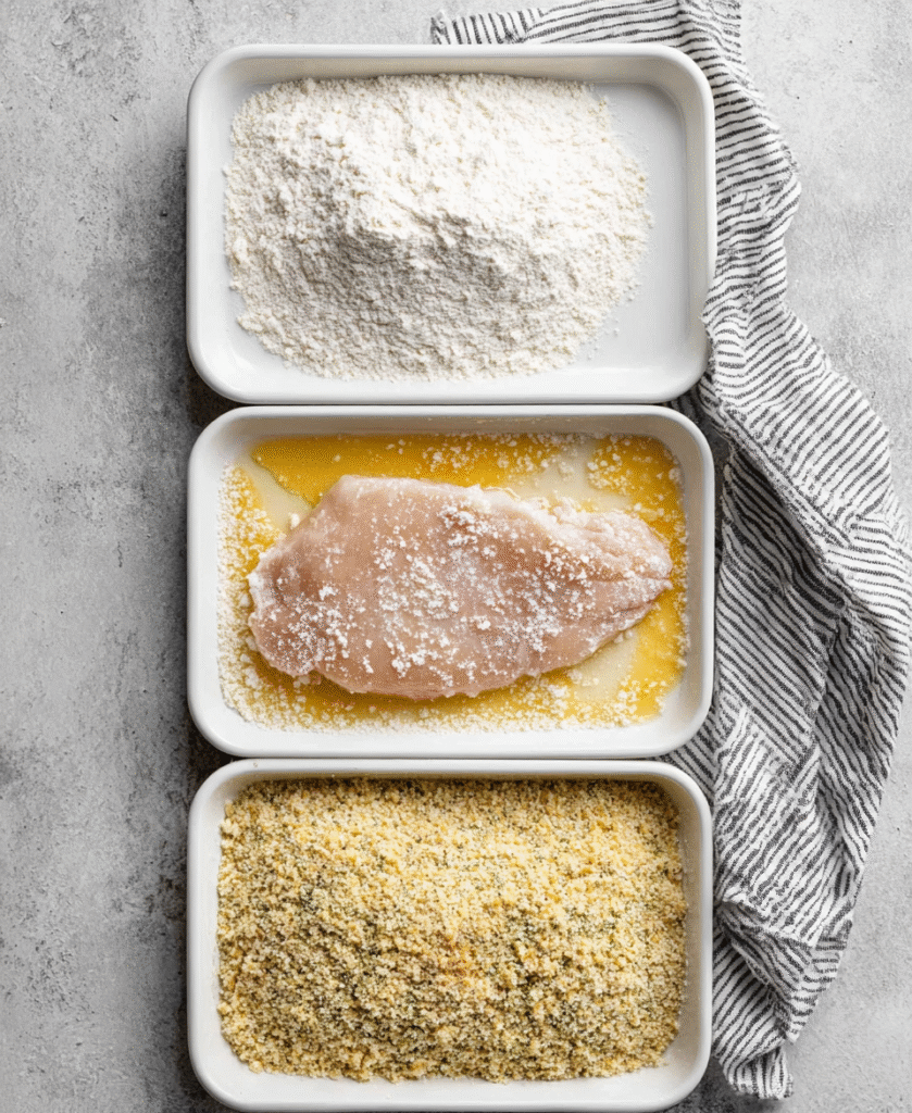 Ingredients for parmesan crusted chicken including chicken breasts, grated parmesan, breadcrumbs, eggs, and seasoning