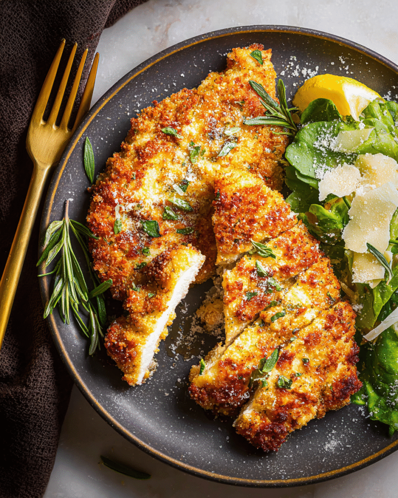 Juicy parmesan crusted chicken sliced and served with a side salad