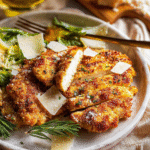 Crispy parmesan crusted chicken breast served on a plate with fresh herbs and lemon wedges