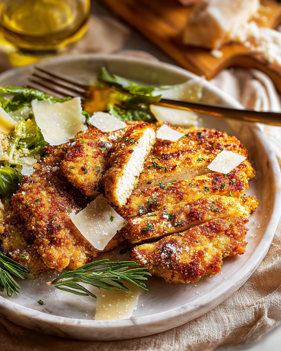 Crispy parmesan crusted chicken breast served on a plate with fresh herbs and lemon wedges