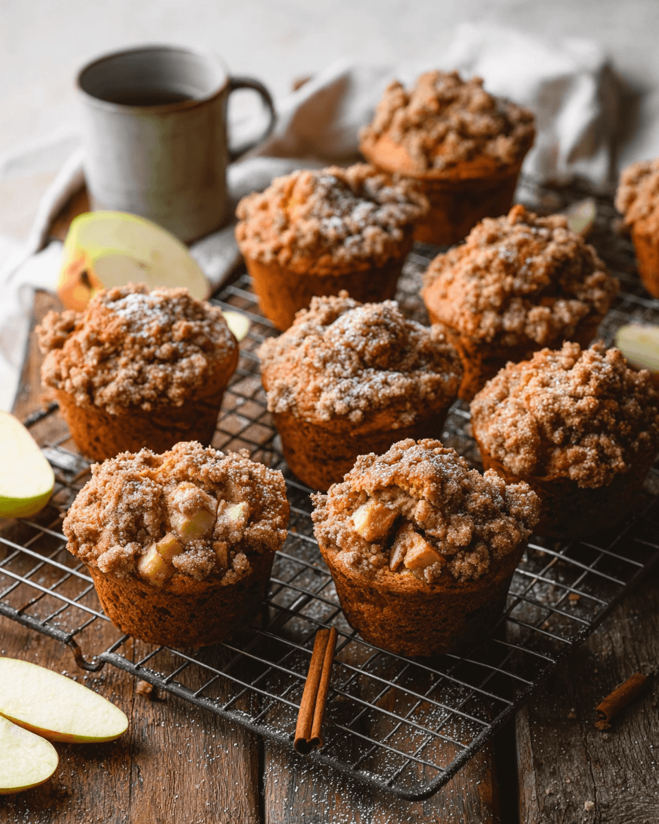 Freshly baked apple cinnamon streusel muffins with crumb topping served on a rustic tray