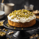 Moist pistachio cake topped with creamy frosting and crushed pistachios