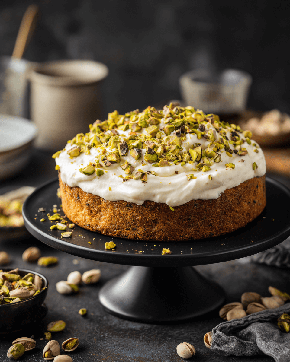 Moist pistachio cake topped with creamy frosting and crushed pistachios