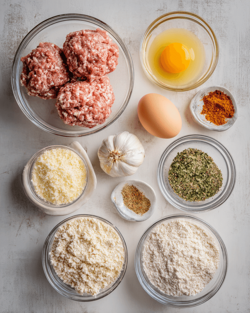 Ingredients for chicken meatballs including ground chicken, breadcrumbs, eggs, garlic, Parmesan cheese, and marinara sauce