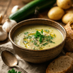 Creamy potato zucchini soup served in a bowl with fresh herbs and crusty bread on the side
