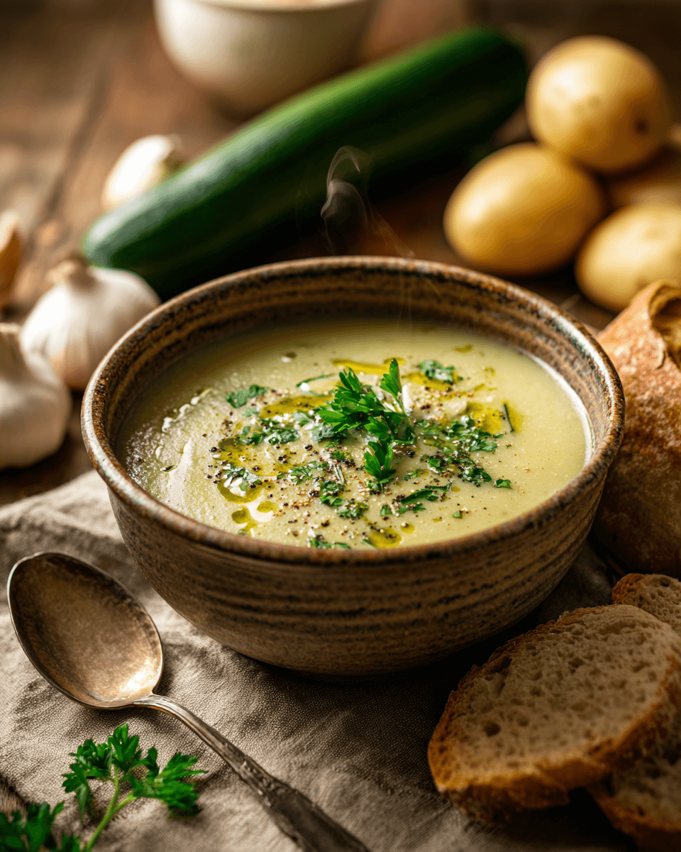 Creamy potato zucchini soup served in a bowl with fresh herbs and crusty bread on the side