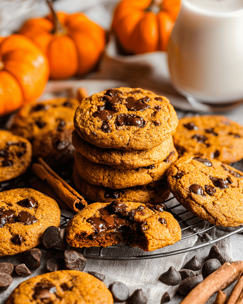 Stack of soft and chewy pumpkin chocolate chip cookies with melted chocolate chips on top
