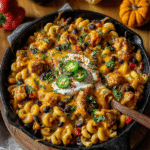 Autumn harvest chili chicken mac skillet topped with melted cheese and fresh herbs served in a cast iron pan