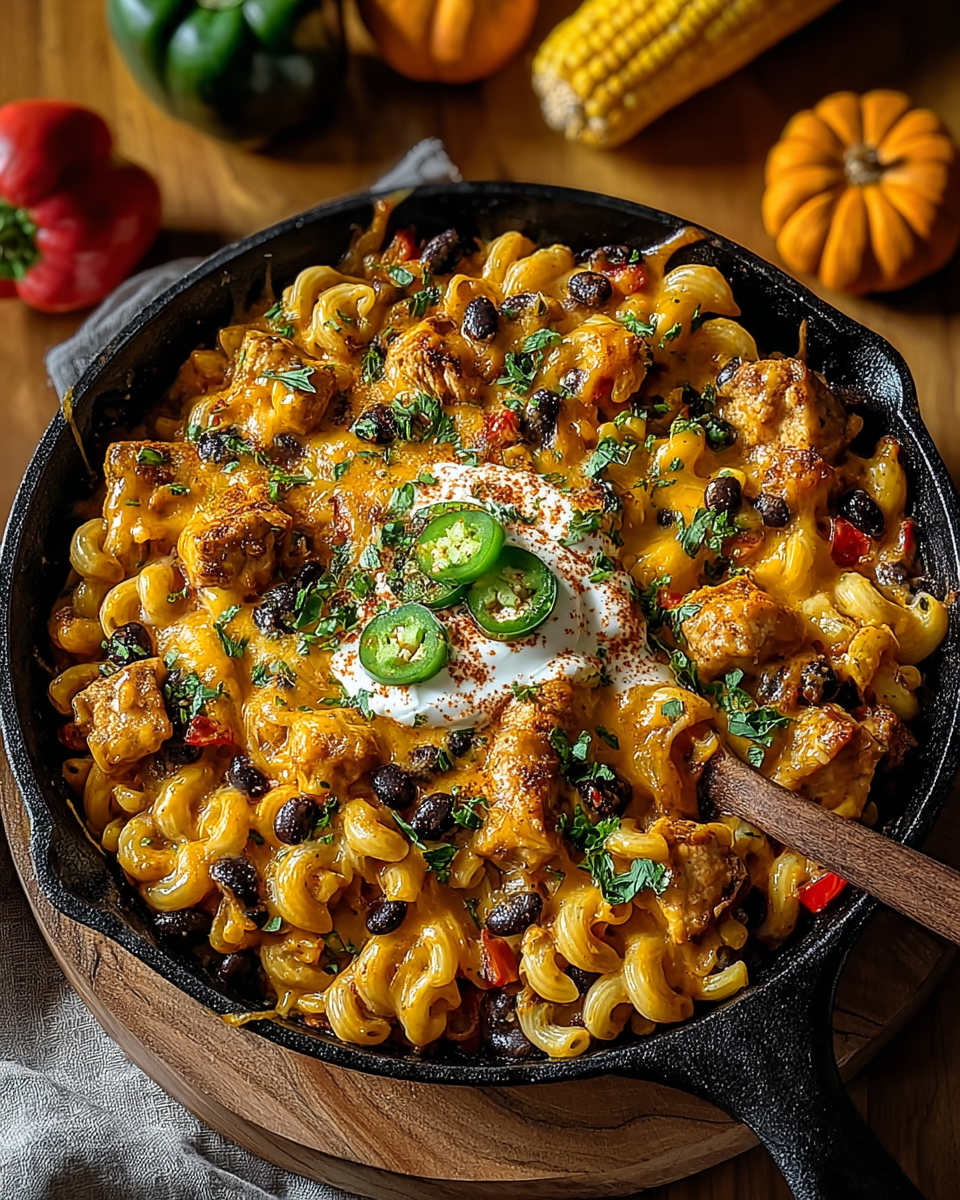 Autumn harvest chili chicken mac skillet topped with melted cheese and fresh herbs served in a cast iron pan