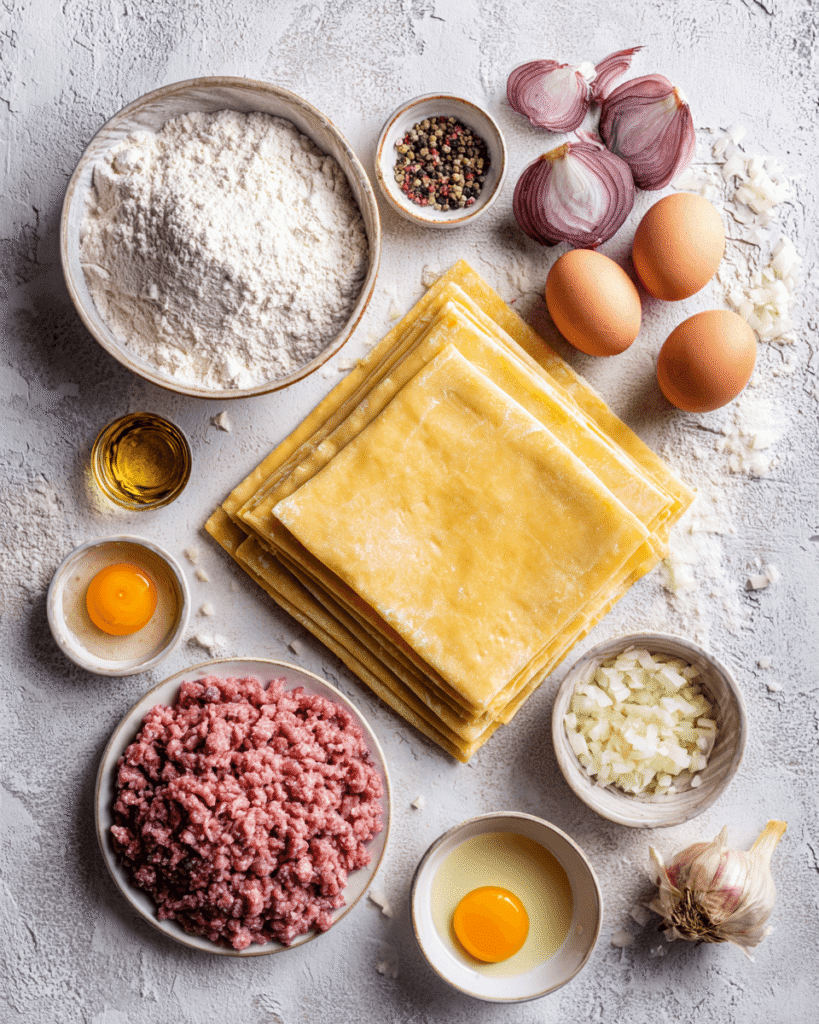 Ingredients for beef sausage rolls including puff pastry, ground beef, onion, garlic, and egg wash