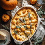Baked pumpkin gnocchi in a casserole dish topped with melted cheese and fresh herbs