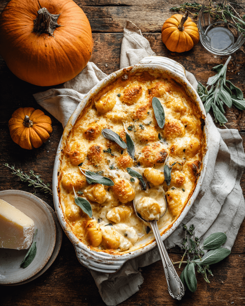 Baked pumpkin gnocchi in a casserole dish topped with melted cheese and fresh herbs