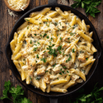 Creamy one-pot garlic parmesan chicken pasta topped with fresh parsley and grated parmesan