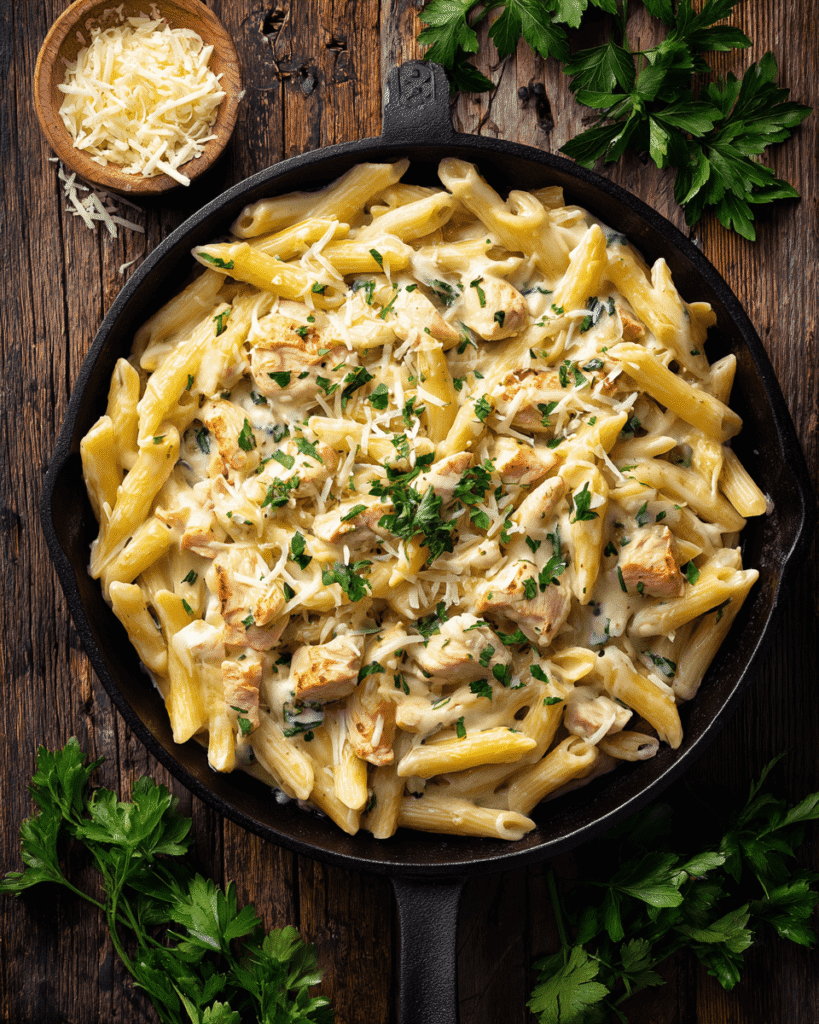 Creamy one-pot garlic parmesan chicken pasta topped with fresh parsley and grated parmesan
