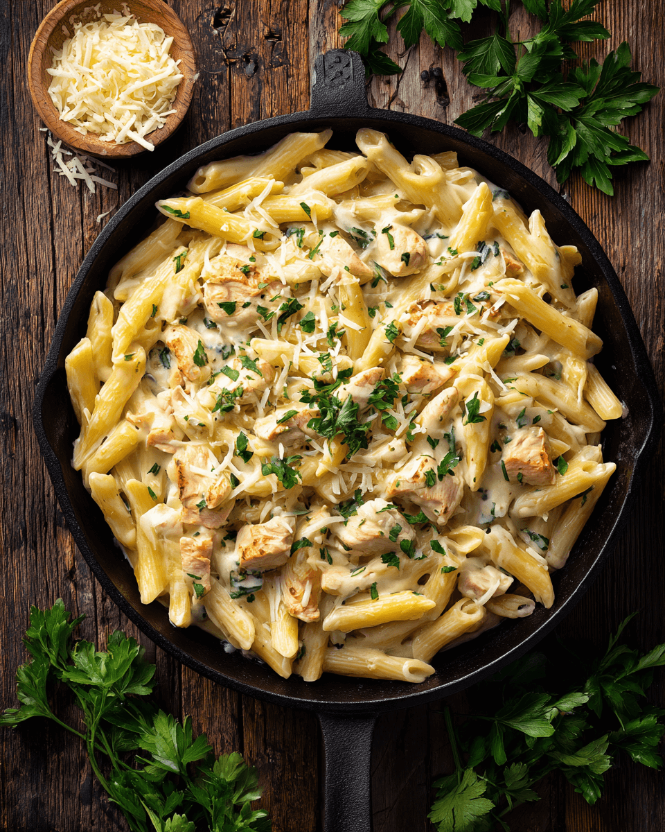Creamy one-pot garlic parmesan chicken pasta topped with fresh parsley and grated parmesan