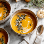 Bowl of creamy pumpkin soup topped with a swirl of cream and sprinkled with fresh herbs