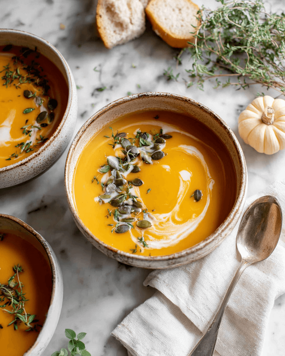 Bowl of creamy pumpkin soup topped with a swirl of cream and sprinkled with fresh herbs