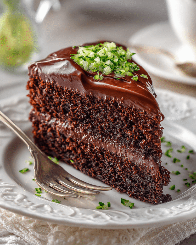 Close-up of a moist and fudgy chocolate zucchini cake topped with a rich chocolate glaze – a healthier dessert that’s still indulgent and delicious.