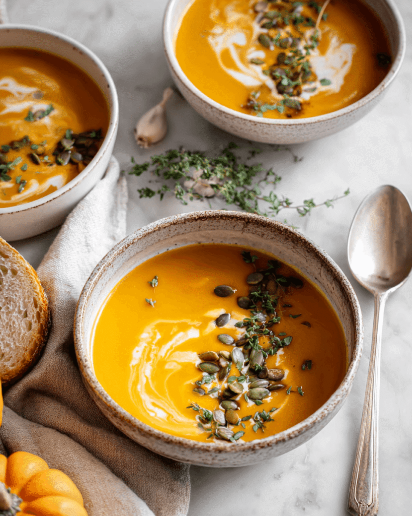Close-up of velvety pumpkin soup with a drizzle of cream and pumpkin seeds on top