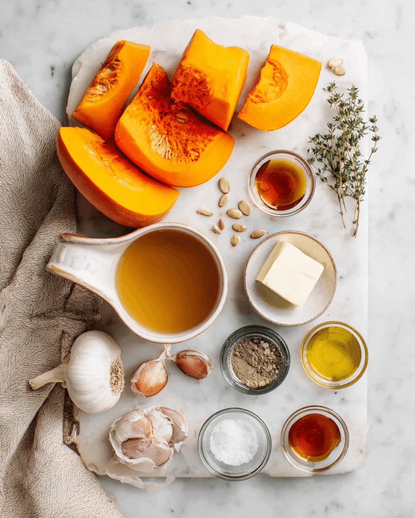 Ingredients for pumpkin soup including pumpkin, onion, garlic, cream, broth, and spices