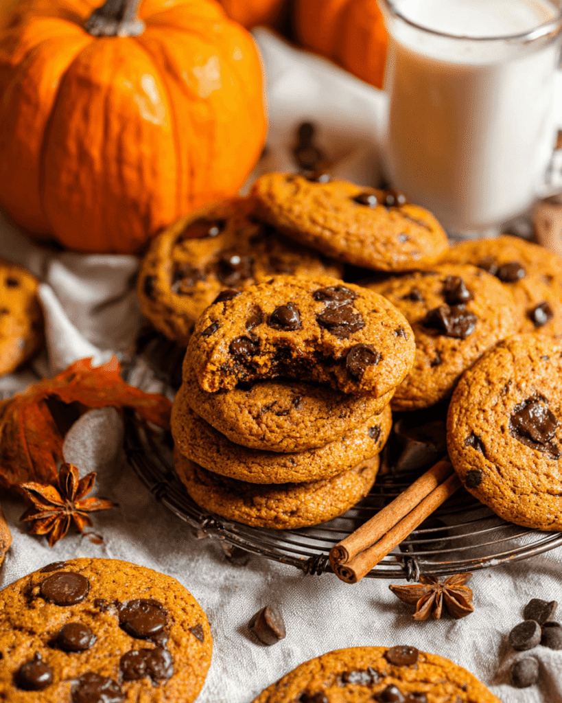 Pumpkin chocolate chip cookies served on a rustic plate with a glass of milk