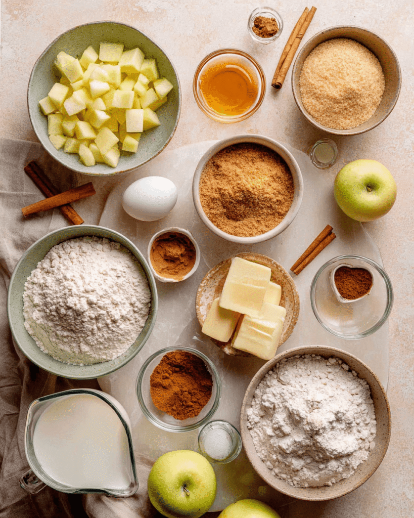 Ingredients for apple cinnamon streusel muffins including apples, flour, sugar, butter, cinnamon, and eggs