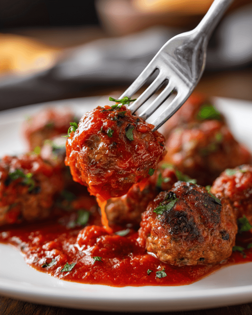 Bowl of chicken meatballs in marinara served with spaghetti and fresh basil for a cozy dinner