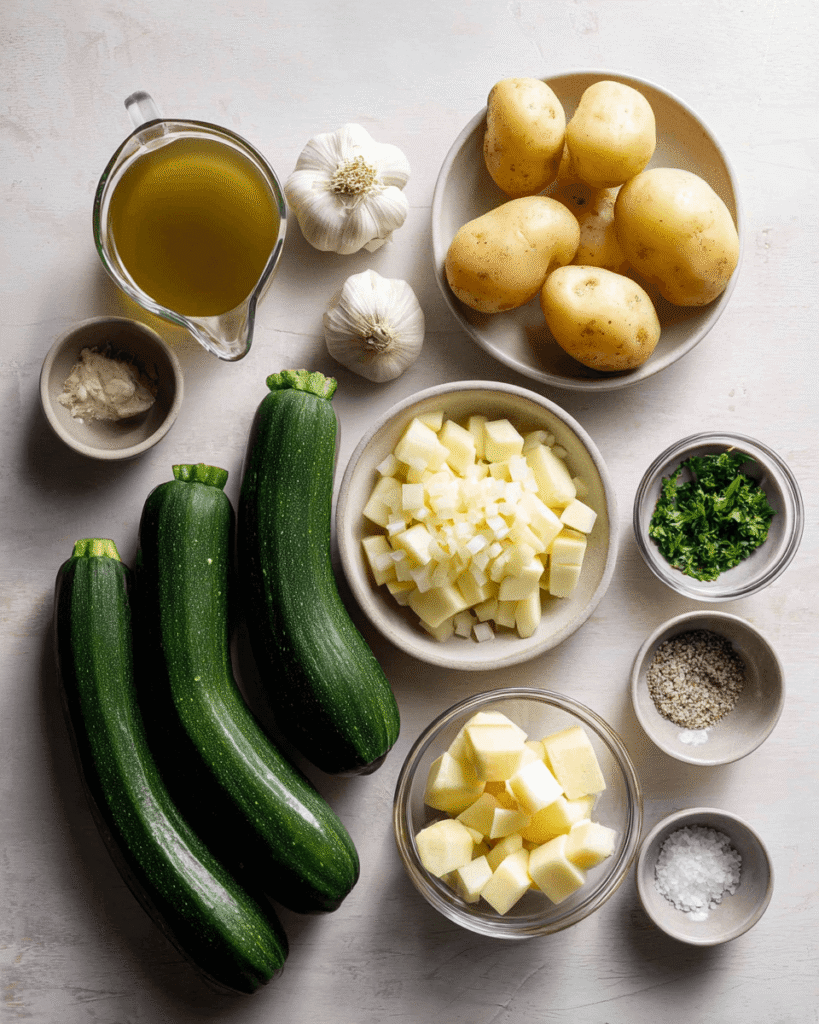 Ingredients for potato zucchini soup including diced potatoes, zucchini, onions, garlic, broth, and cream