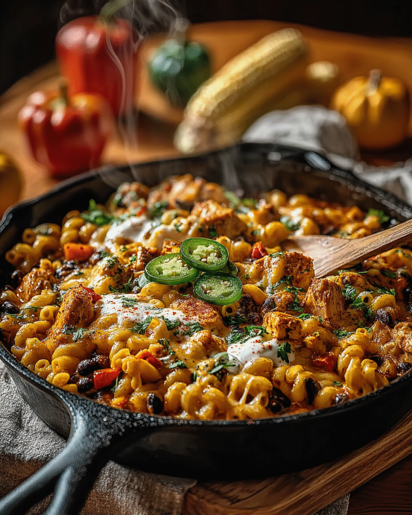 Serving of autumn harvest chili chicken mac skillet on a plate with melted cheese and fresh parsley