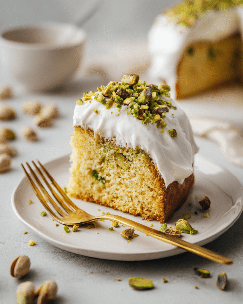 Slice of pistachio cake served on a plate with extra crushed pistachios on top