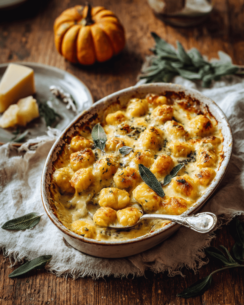 Serving of creamy pumpkin gnocchi bake on a plate garnished with fresh sage leaves