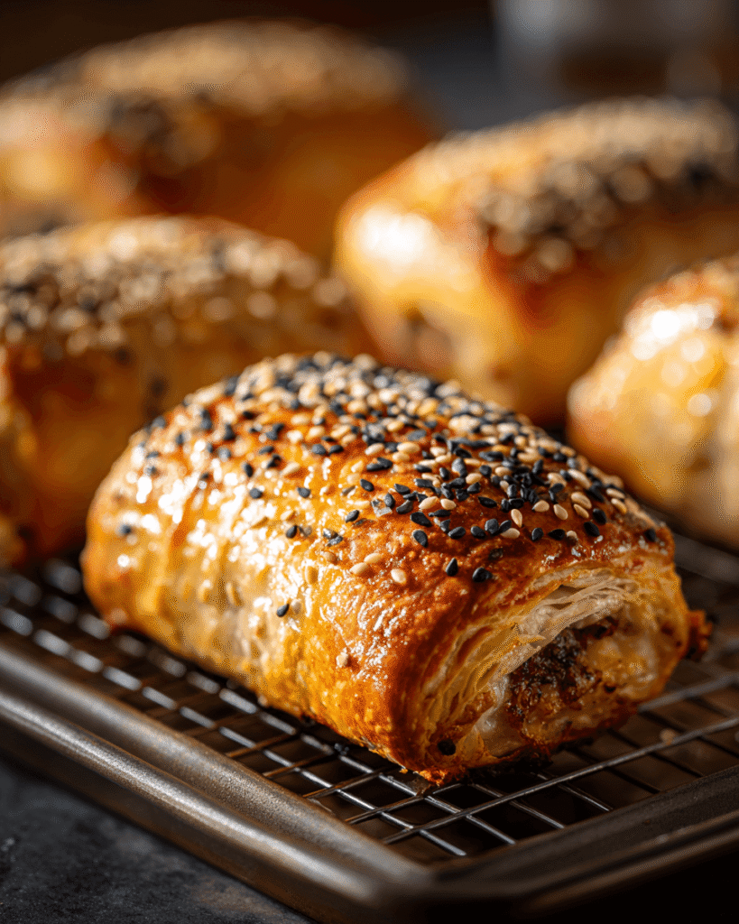 Golden homemade beef sausage rolls fresh out of the oven on a baking tray