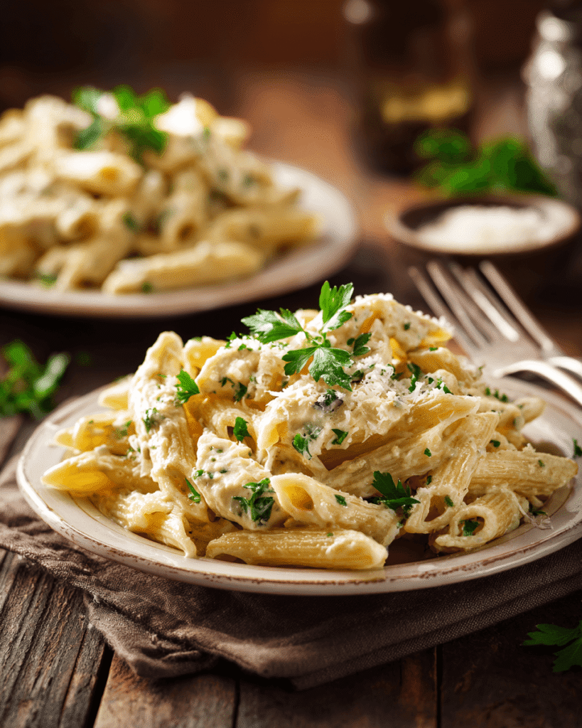 Bowl of garlic parmesan chicken pasta served with extra parmesan and parsley garnish