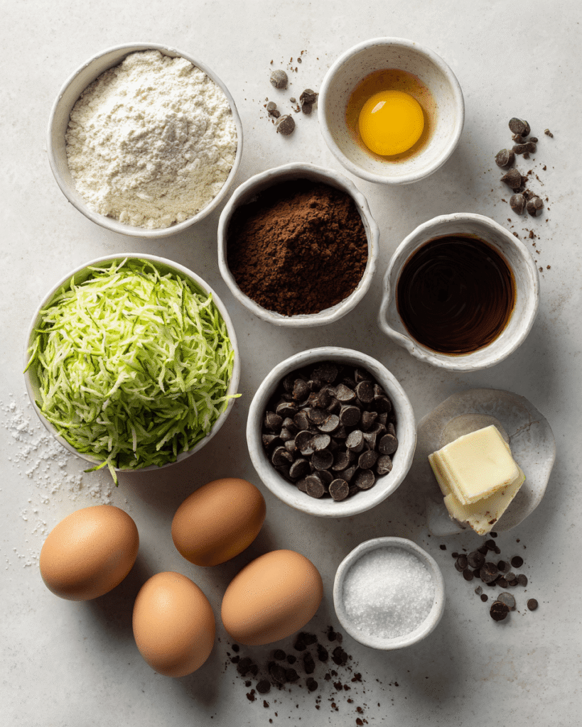 Ingredients for healthy zucchini brownies including grated zucchini, cocoa powder, flour, sugar, eggs, and chocolate
