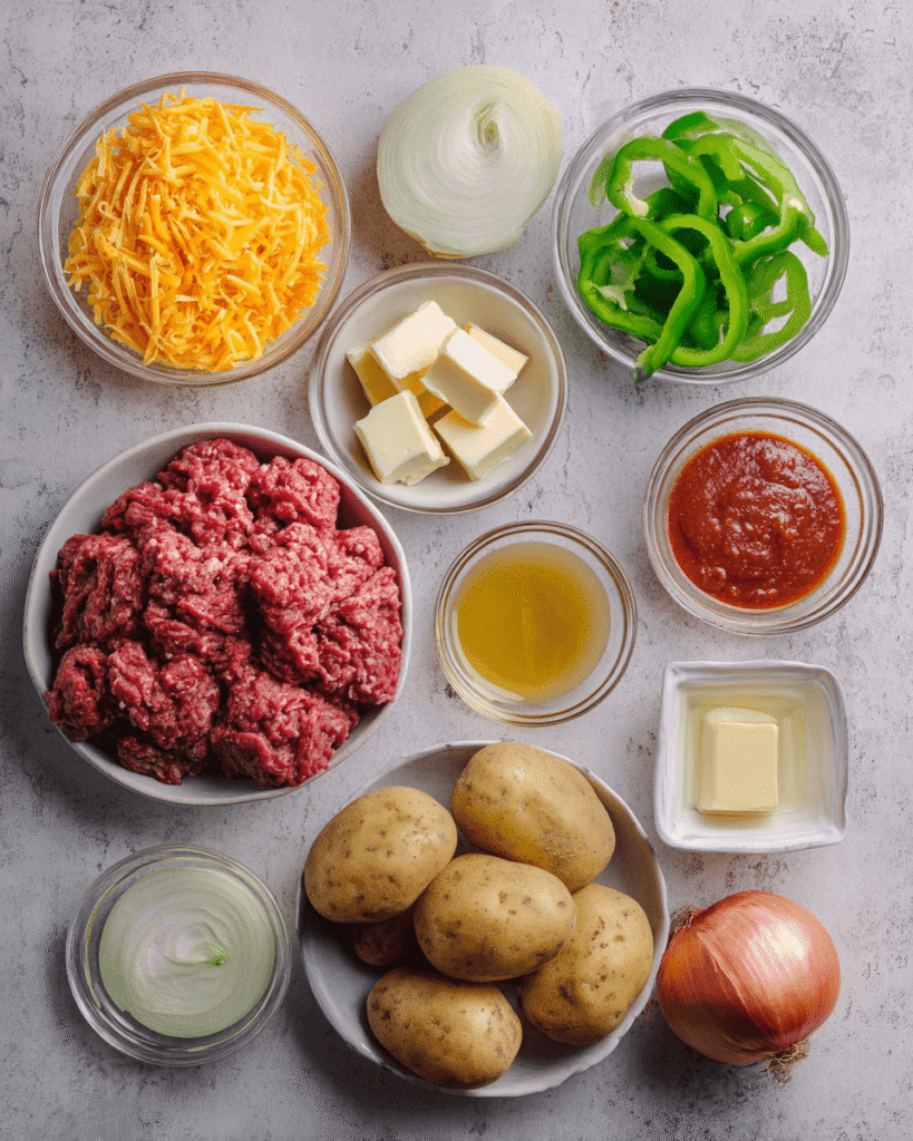 Ingredients for Mexican skillet dinner including ground beef, potatoes, onions, bell peppers, garlic, cheese, and spices