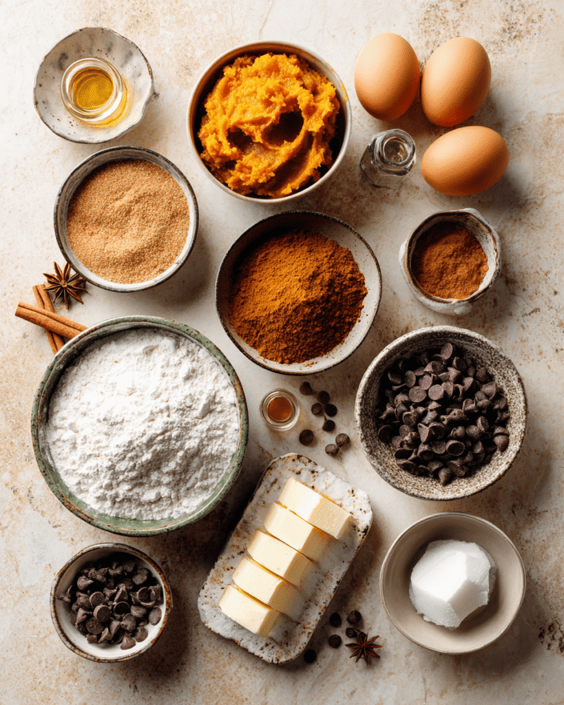 Ingredients for pumpkin chocolate chip cookies including pumpkin puree, flour, sugar, butter, spices, and chocolate chips
