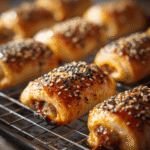 Golden homemade beef sausage rolls fresh out of the oven on a baking tray