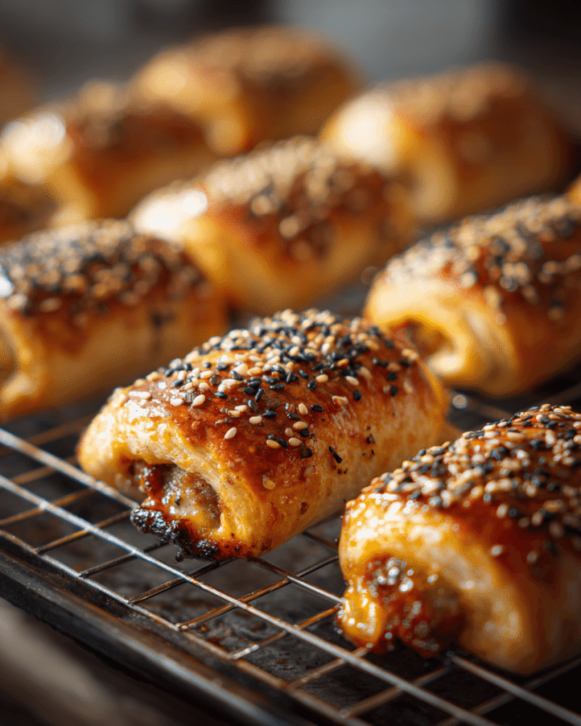 Golden homemade beef sausage rolls fresh out of the oven on a baking tray