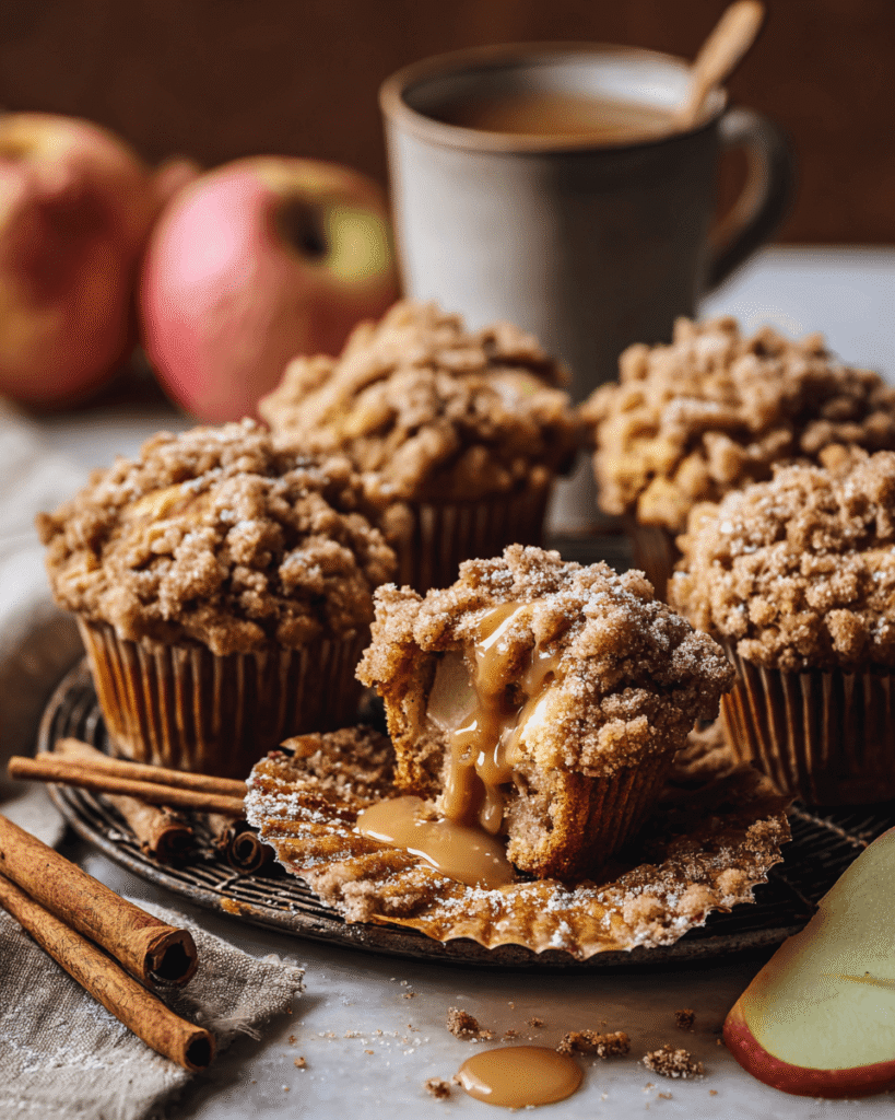 Apple cinnamon streusel muffin cut in half showing moist interior with apple pieces"