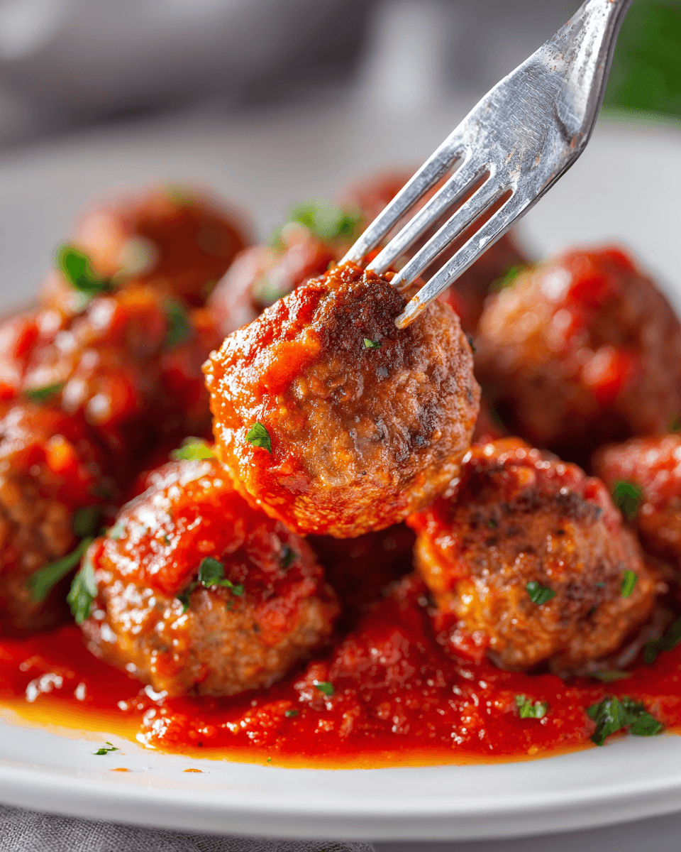 Juicy chicken meatballs simmered in marinara sauce and garnished with fresh basil
