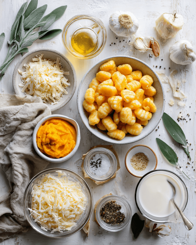 Ingredients for pumpkin gnocchi bake including gnocchi, pumpkin puree, cream, garlic, cheese, and sage