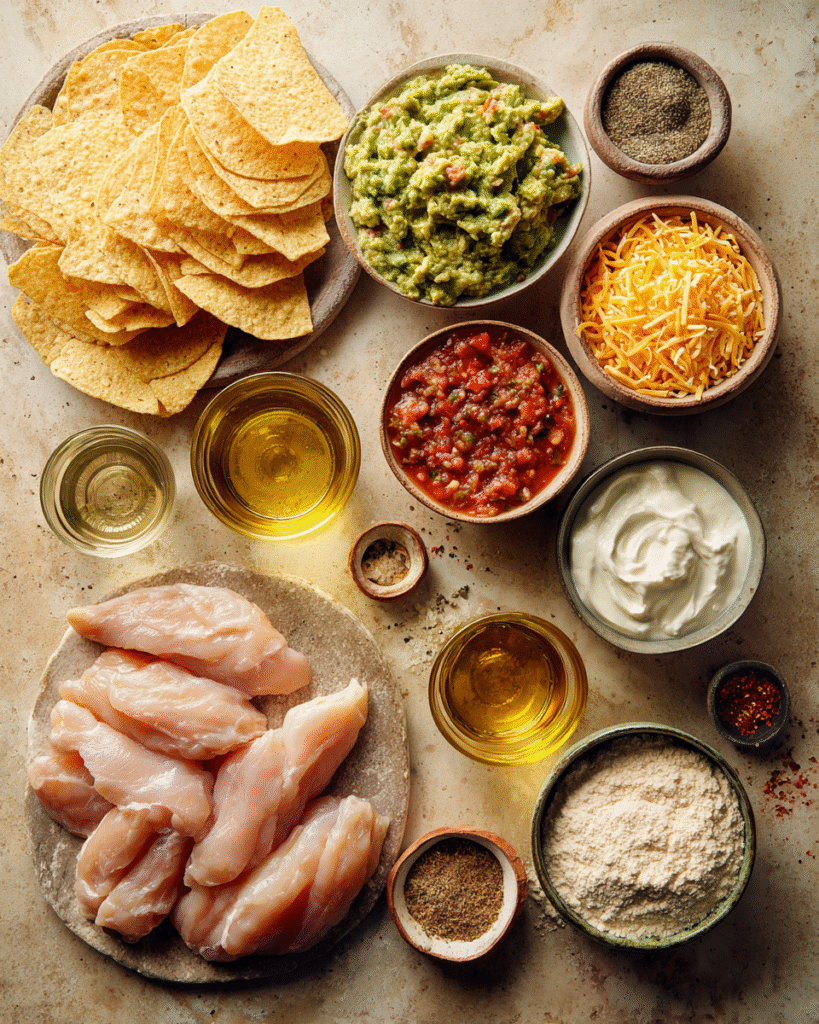 Ingredients for chicken taco fingers including chicken strips, taco seasoning, breadcrumbs, and spices