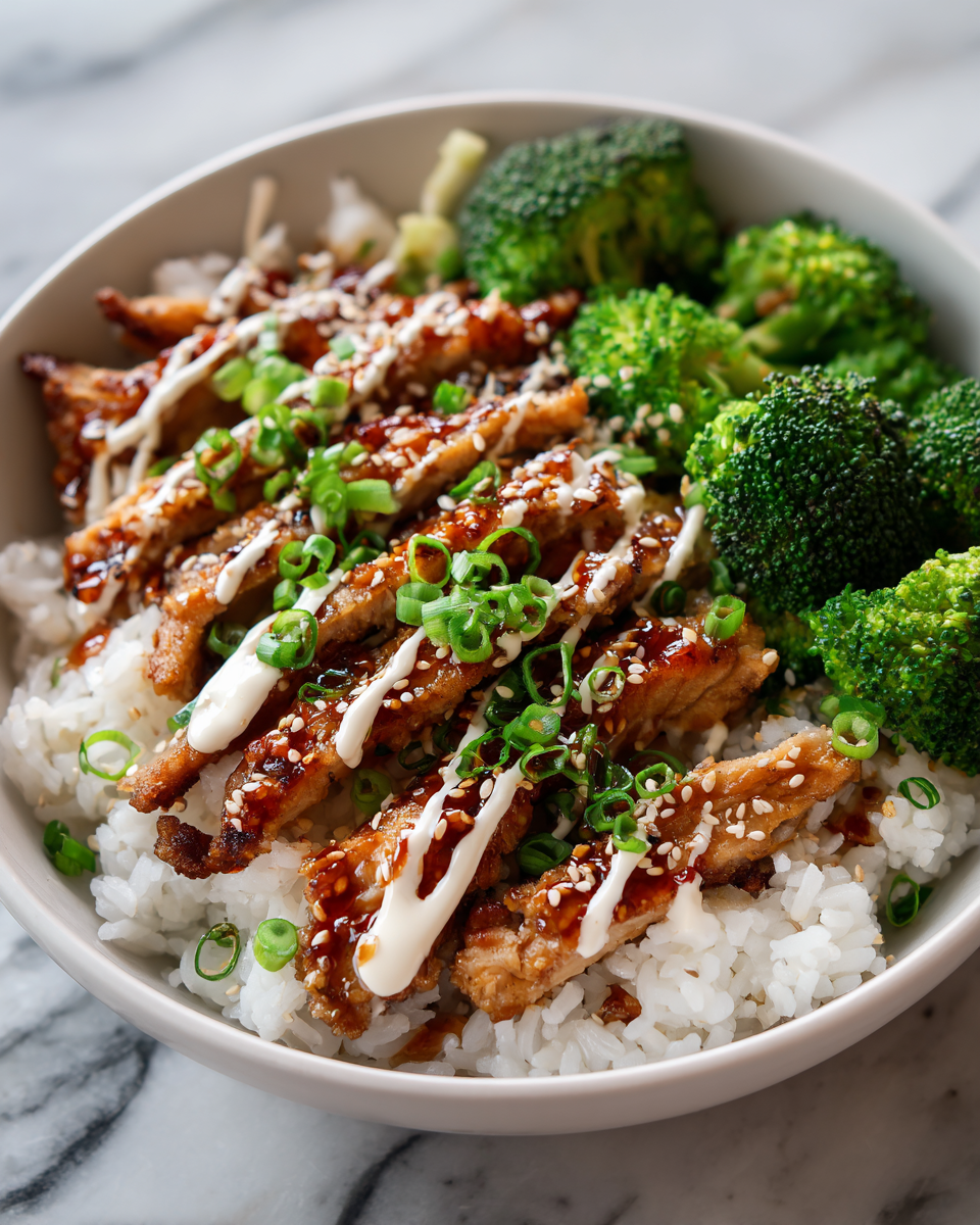 Easy sticky chicken bowls with glazed chicken, steamed rice, and fresh vegetables served in a white bowl