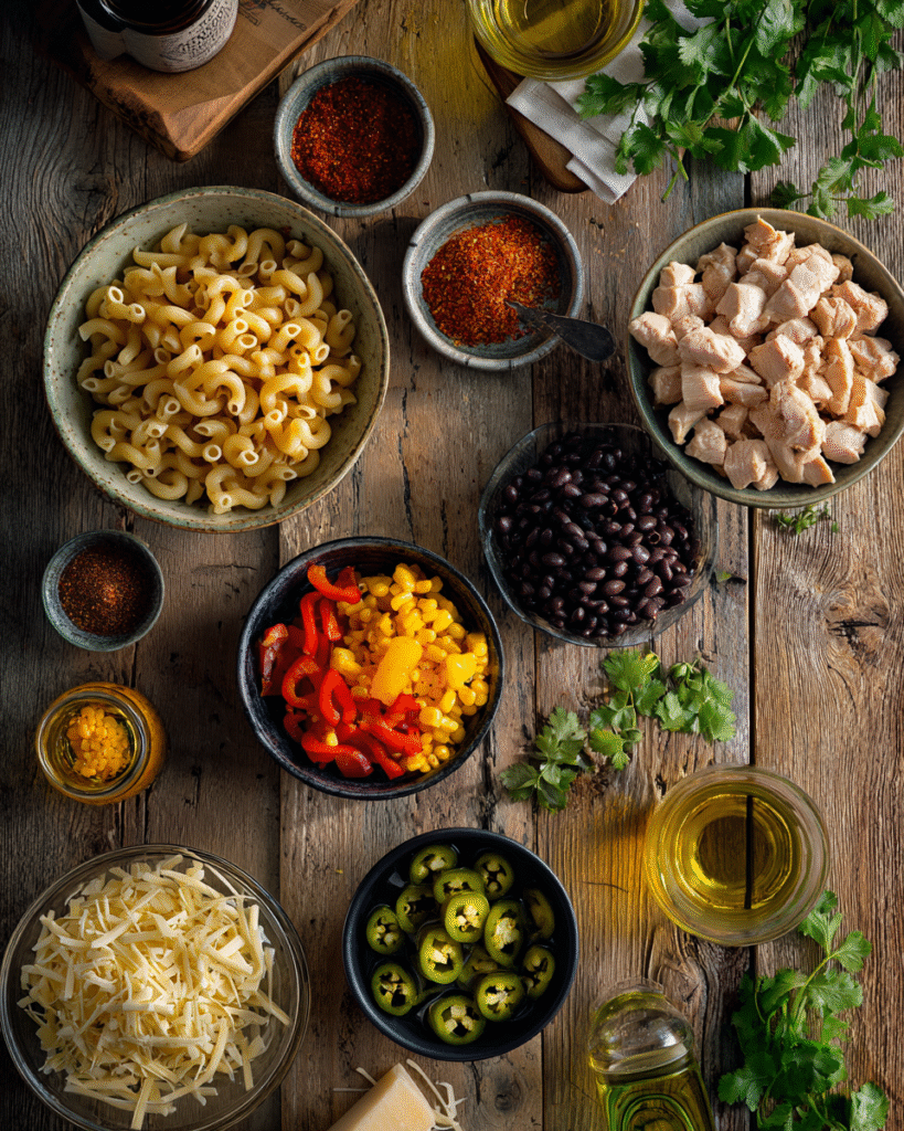 "Ingredients for chili chicken mac skillet including pasta, chicken, beans, tomatoes, cheese, and fall spices