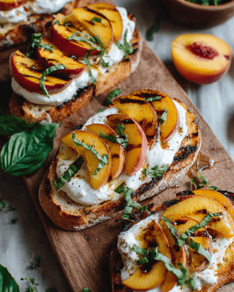 Grilled peach and burrata crostini arranged on a serving board, garnished with fresh herbs and a drizzle of honey