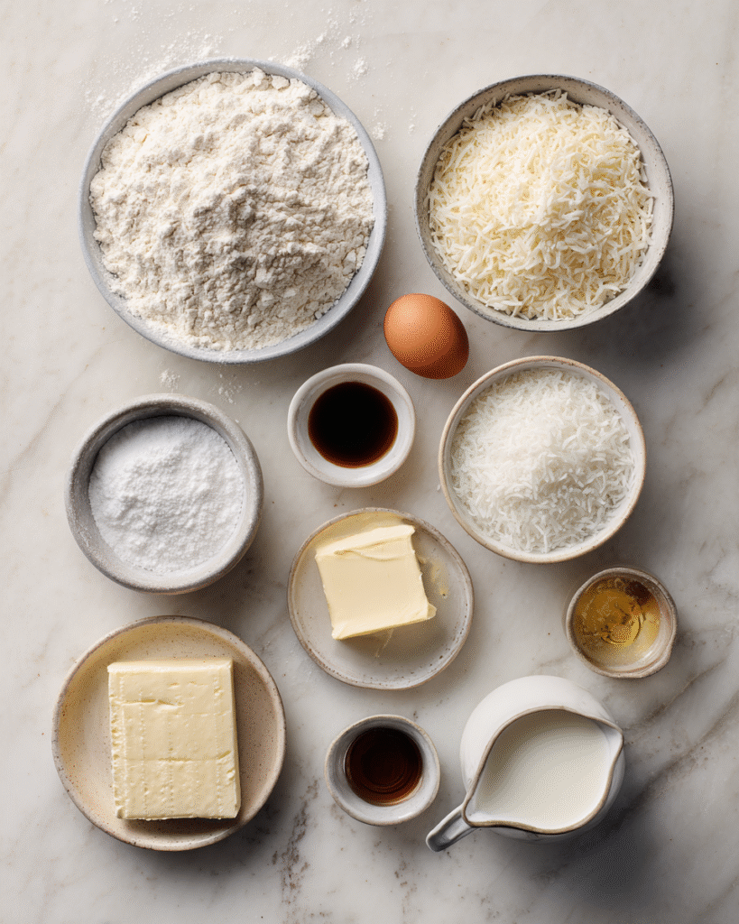 Ingredients for coconut cream pancakes including flour, coconut cream, eggs, sugar, butter, and shredded coconut