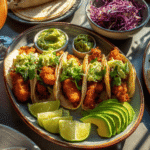 Platter of crunchy chicken taco fingers served with salsa, guacamole, and lime wedges